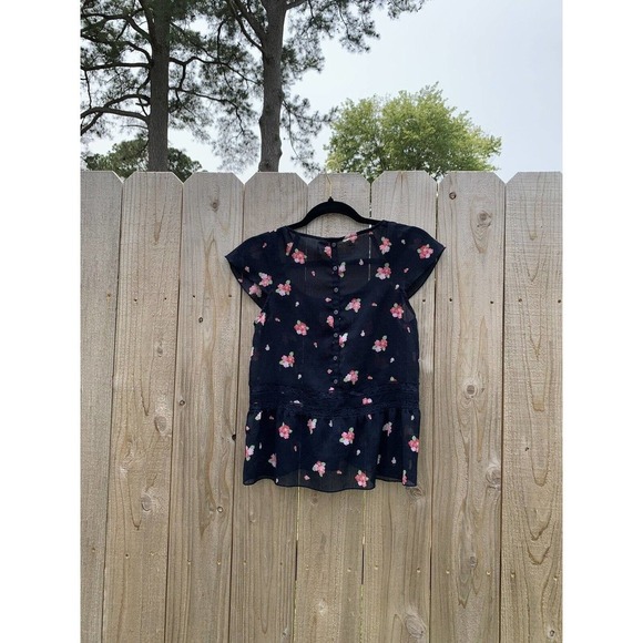 Abercrombie & Fitch Fluttery Floral Airy Short Sleeve Blouse Shirt Xs Navy - Picture 6 of 8